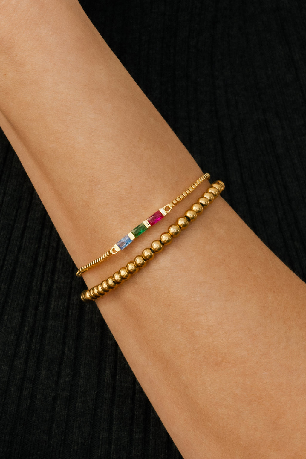 Dainty Baguette Birthstone Bracelet and Beaded Stacking Bracelet Set