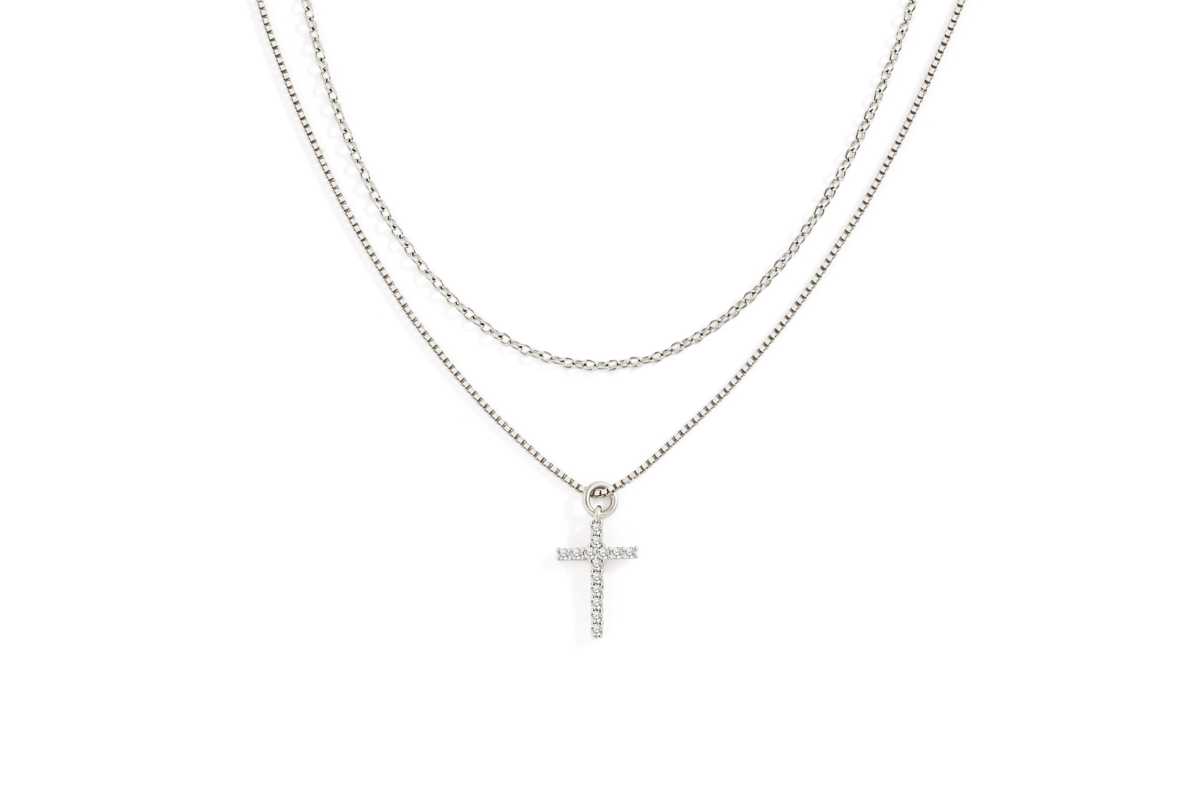 Dainty Cable Necklace with Pave Cross Chain Necklace Stacking Set