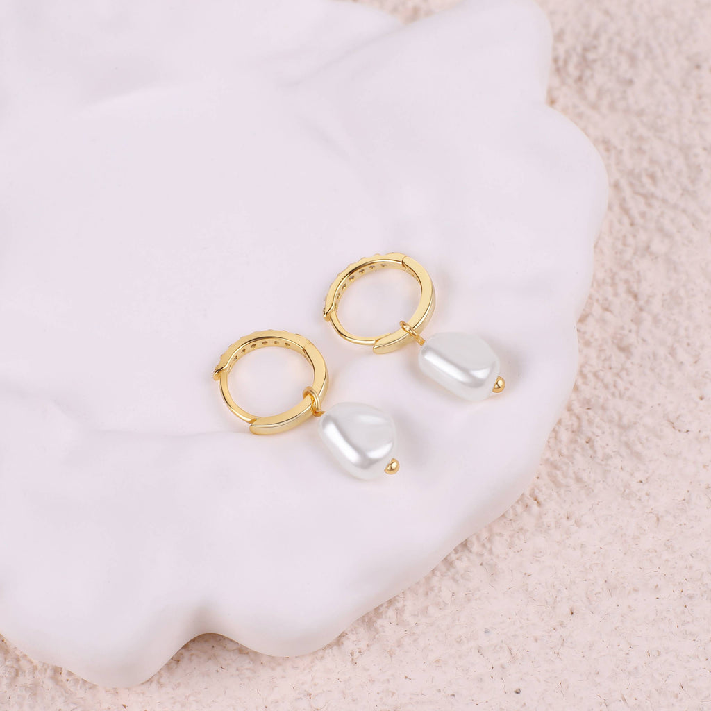 Freshwater Pearl Drop Pave Huggie Earrings
