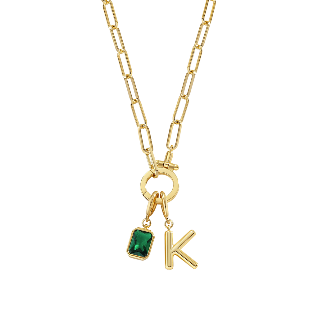Mint Paperclip Necklace with Initial & Birthstone Charm