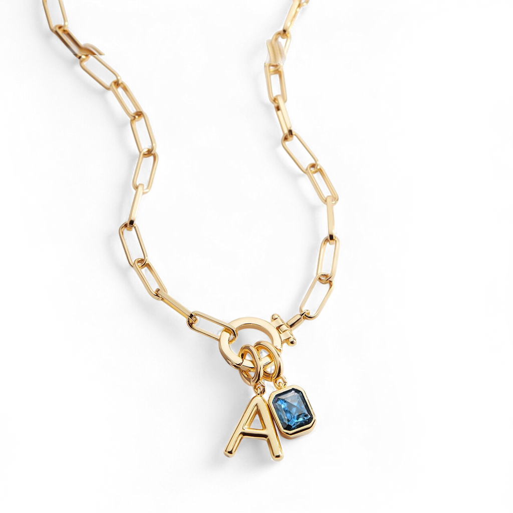 Mint Paperclip Necklace with Initial & Birthstone Charm