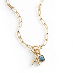 Mint Paperclip Necklace with Initial & Birthstone Charm