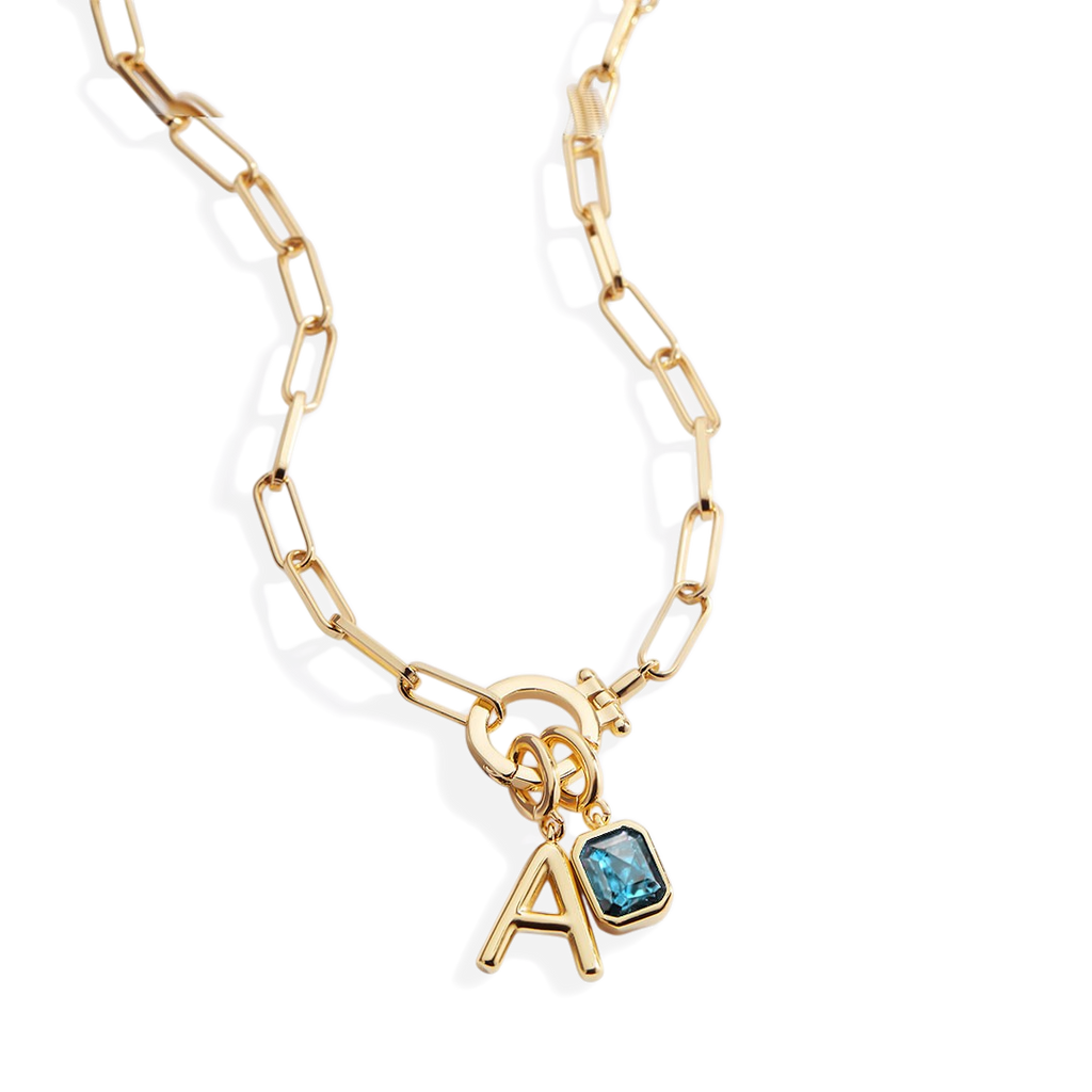 Mint Paperclip Necklace with Initial & Birthstone Charm