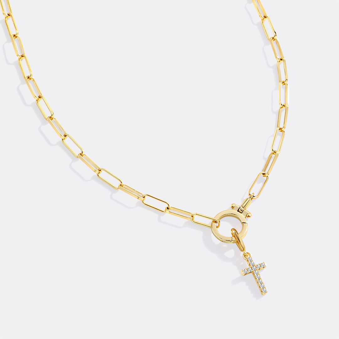 Mint Paperclip Necklace with Pave Cross Charm