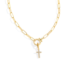 Mint Paperclip Necklace with Pave Cross Charm