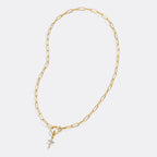 Mint Paperclip Necklace with Pave Cross Charm