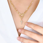 Mint Paperclip Necklace with Pave Cross Charm