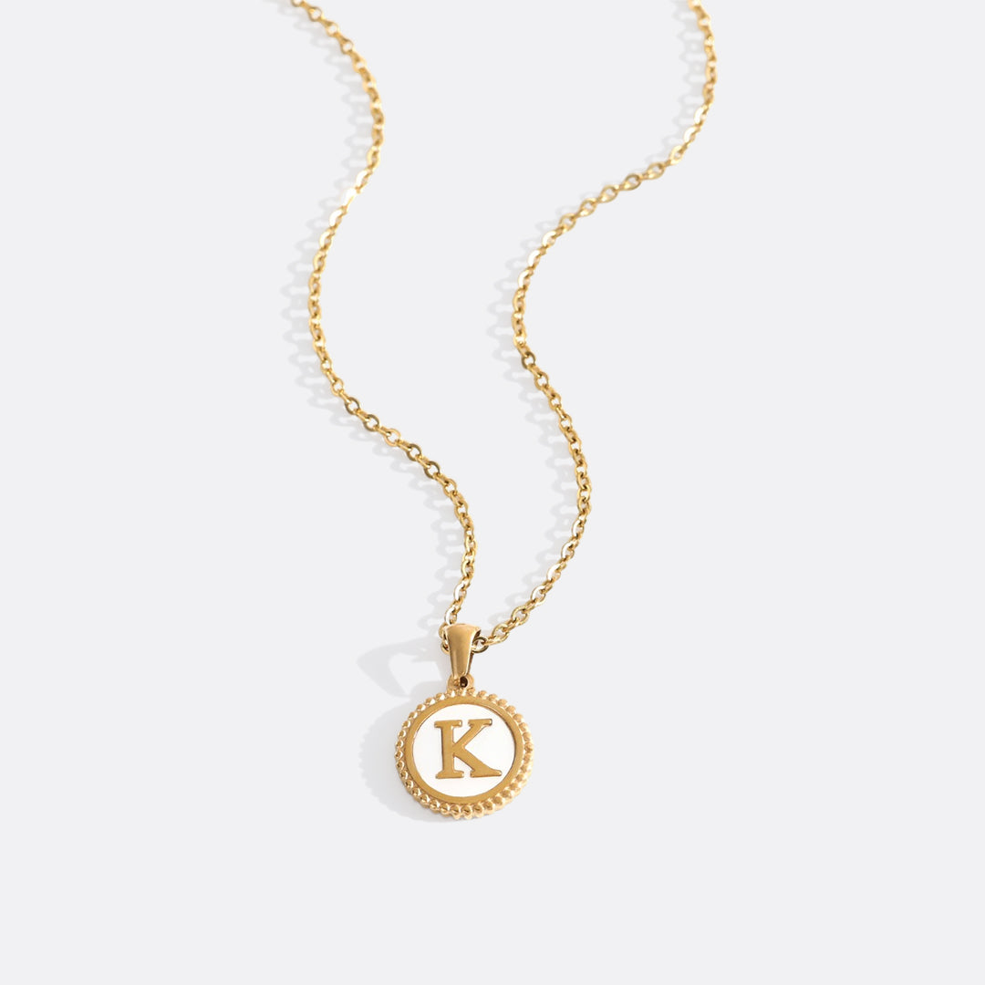Mother of Pearl Disc Letter Necklace with Cable Chain