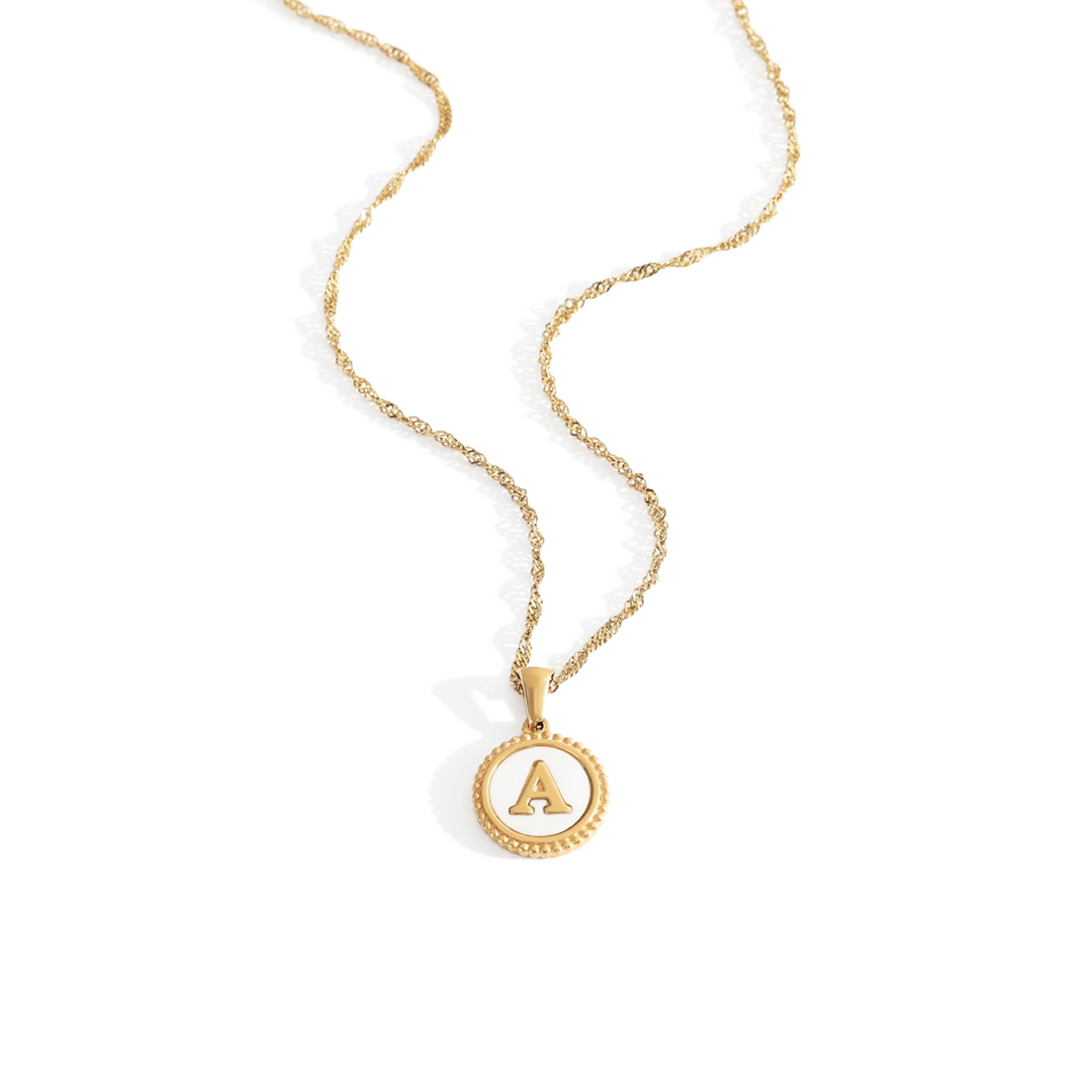 Mother of Pearl Disc Letter Necklace with Twist Chain