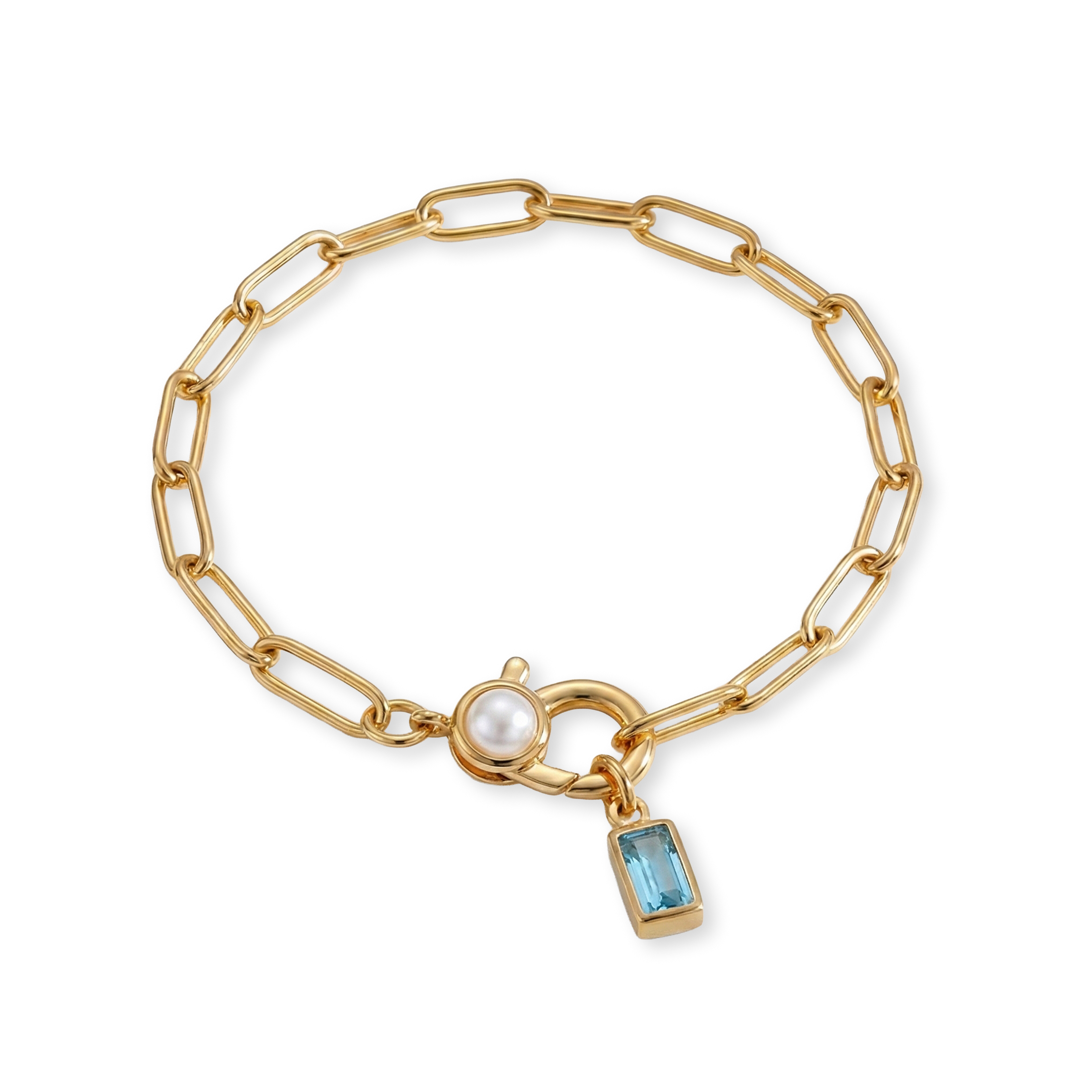 Paperclip Bracelet with Pearl Accent with Dainty Baguette Birthstone Charm