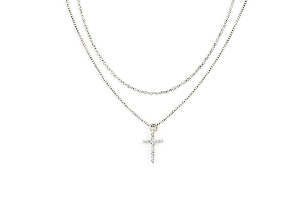 Dainty Cable Necklace with Pave Cross Chain Necklace Stacking Set