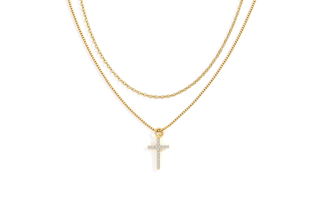 Dainty Cable Necklace with Pave Cross Chain Necklace Stacking Set