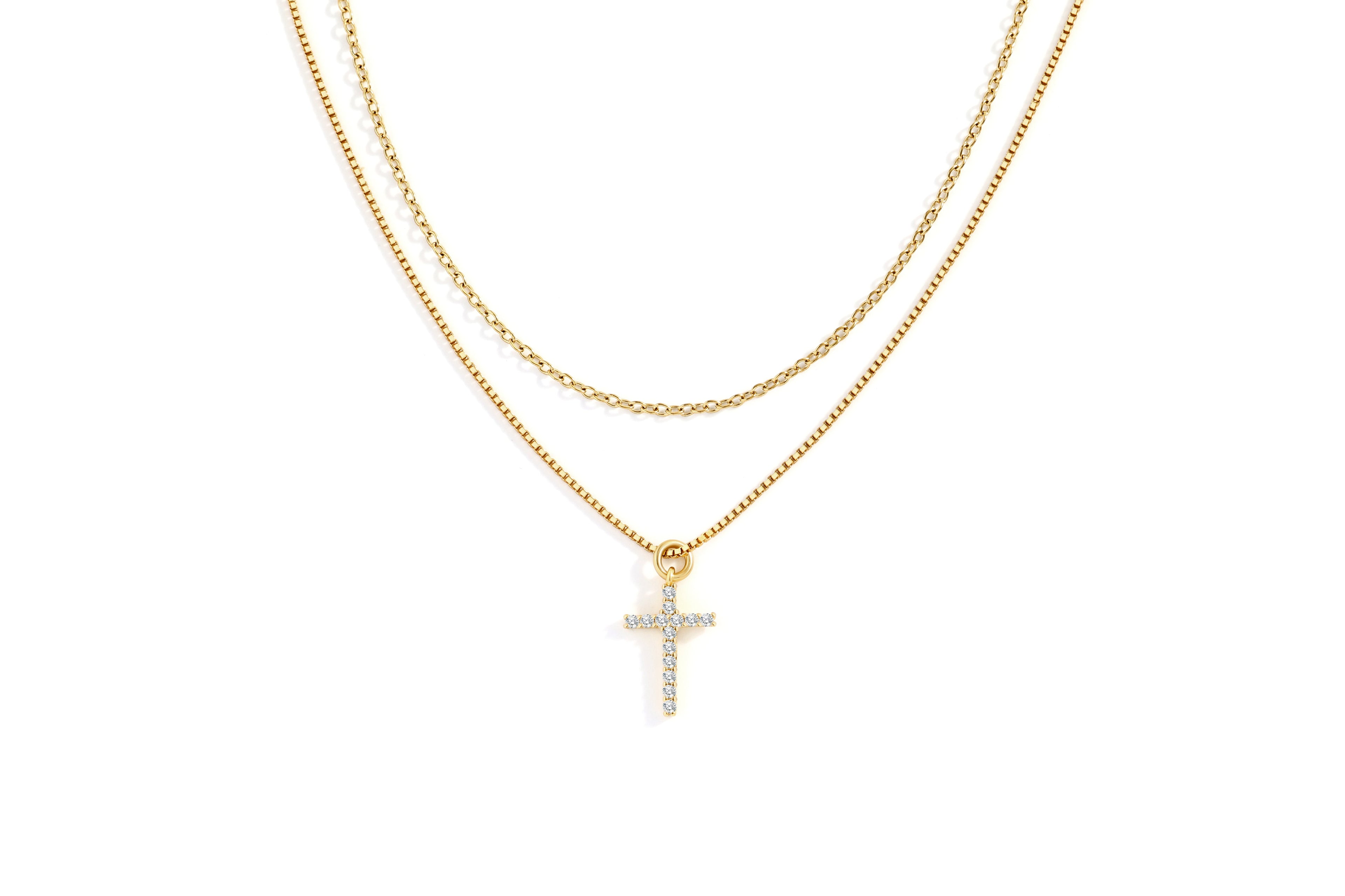 Dainty Cable Necklace with Pave Cross Chain Necklace Stacking Set
