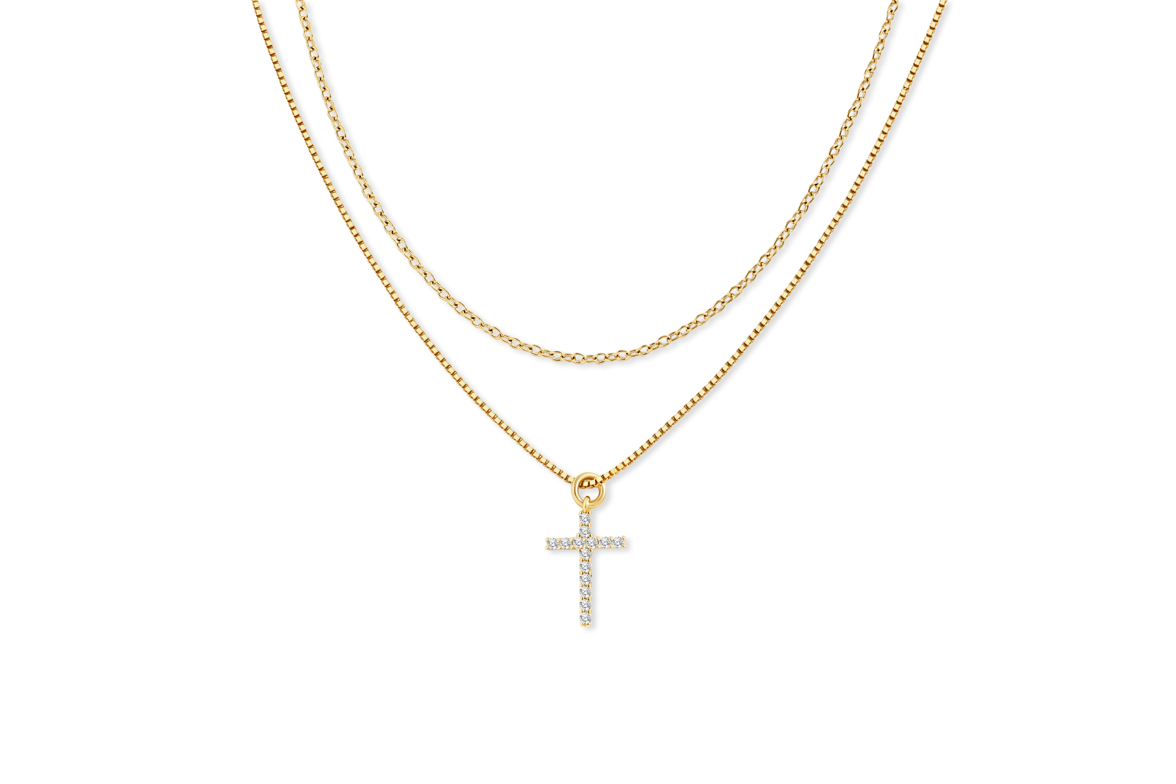 Dainty Cable Necklace with Pave Cross Chain Necklace Stacking Set