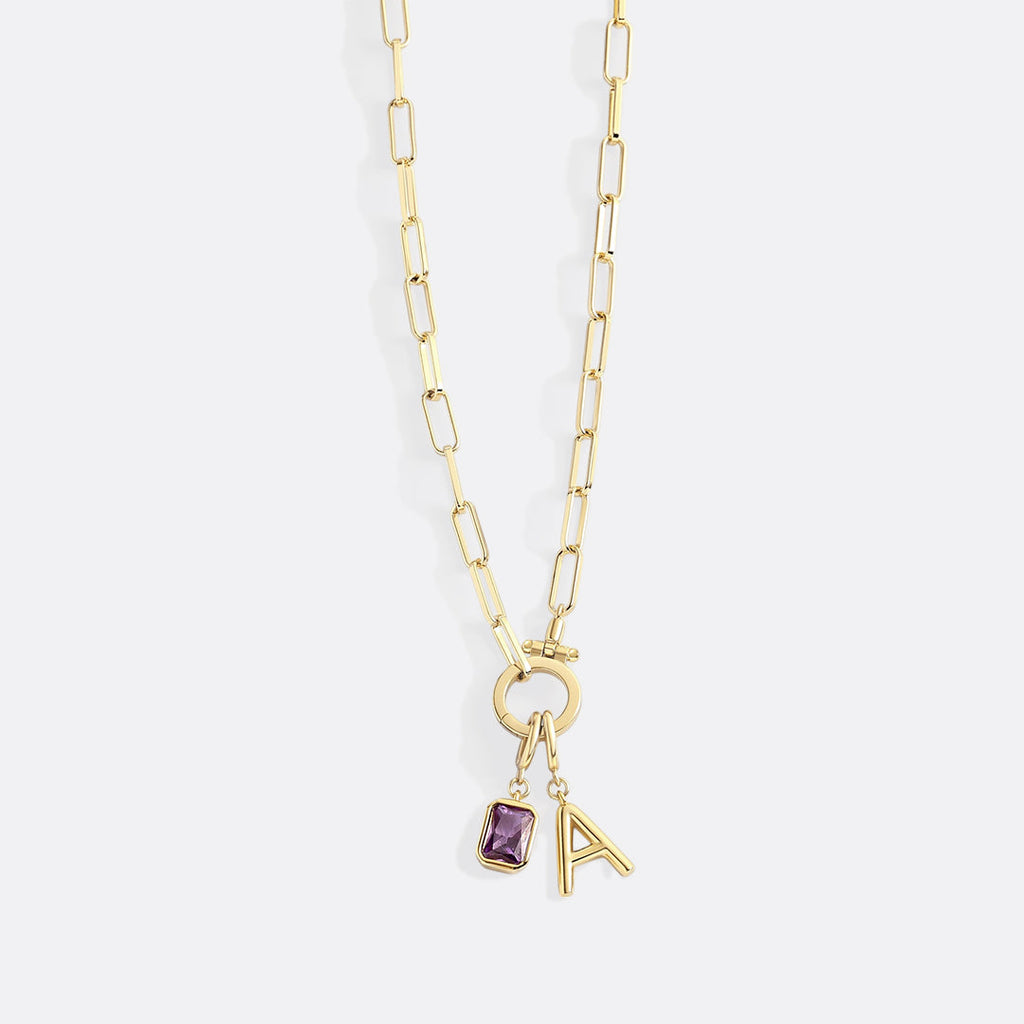 Mint Paperclip Necklace with Initial & Birthstone Charm