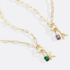 Mint Paperclip Necklace with Initial & Birthstone Charm